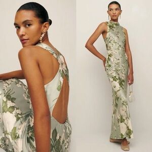 Reformation Anaiis Tarragon Floral Sage Green Maxi Dress with Blush Floral Print
